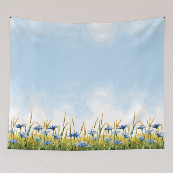 Item preview, Flowery Cornfield, Watercolor Blue Sky, Blue Cornflowers designed and sold by EMMonovi.