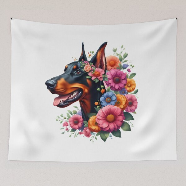 Item preview, A Doberman with beautiful colorful flowers designed and sold by CreativeSparkzz.