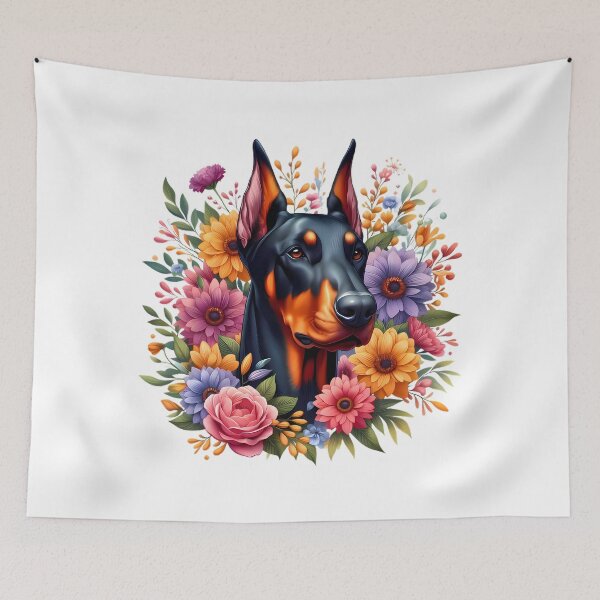 Item preview, A Doberman with beautiful colorful flowers designed and sold by CreativeSparkzz.