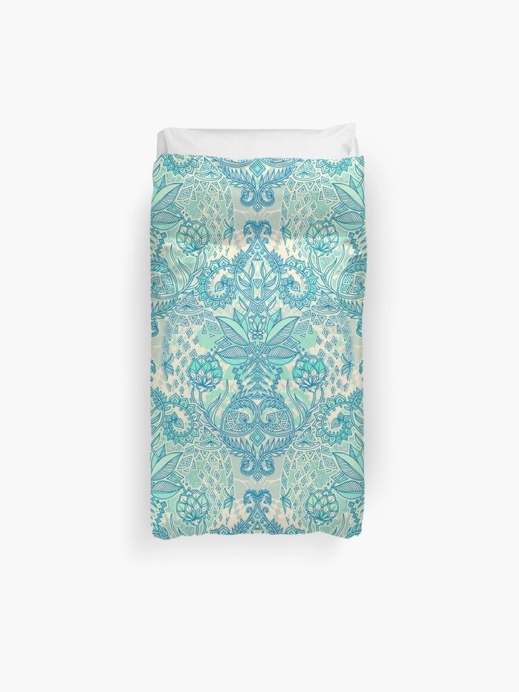 Botanical Geometry Nature Pattern In Blue Mint Green Cream
