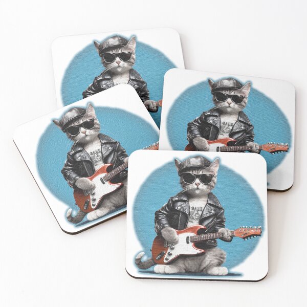 Item preview, Cute Cat with leather jacket and sunglasses playing electric guitars designed and sold by jnsmerchstore.