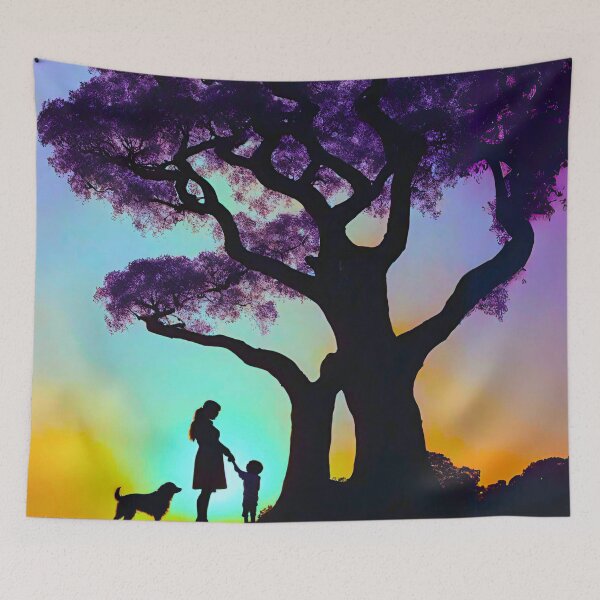 Item preview, Surreal Aurora Sunset Jacaranda Mother Child and Dog designed and sold by Fredster1966.