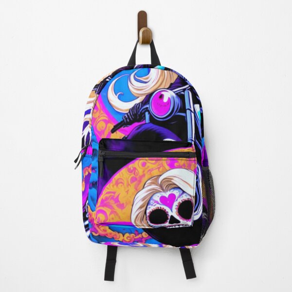 Item preview, Groovy Trippy Colorful Sugar Skull Biker Lady designed and sold by TheDarkWardrobe.