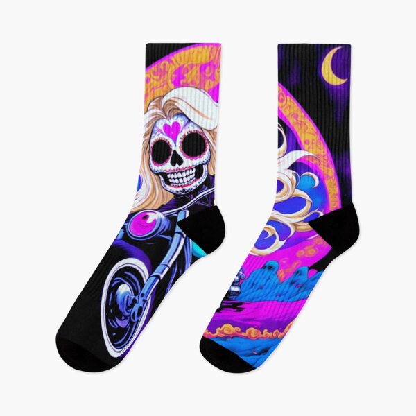 Item preview, Groovy Trippy Colorful Sugar Skull Biker Lady designed and sold by TheDarkWardrobe.
