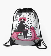 Tuxedo Cat on a Moped Drawstring Bag