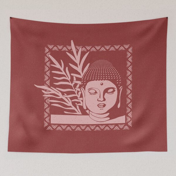 Aperçu de l'œuvre Buddha Head Statue with Palm Fronds - Ruby + Rose créée et vendue par Irene Estelle.