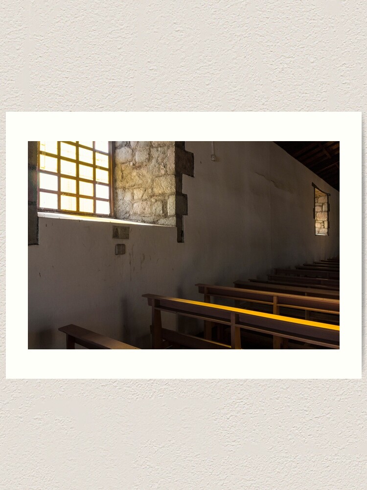 Alternate view of Soft light from window well on to church pews, through stone block wall, Colta, Ecuador Art Print
