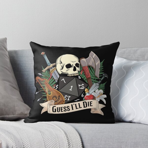 Item preview, DND Critical fail: Natural 1 D20 dice, Guess I´ll die. Skull and sword, axe, bard, dagger and potion designed and sold by DungeonAtelier.