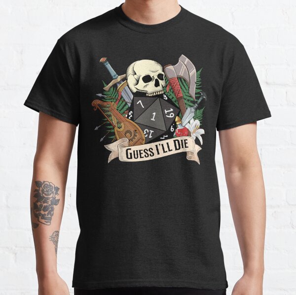 Item preview, DND Critical fail: Natural 1 D20 dice, Guess I´ll die. Skull and sword, axe, bard, dagger and potion designed and sold by DungeonAtelier.