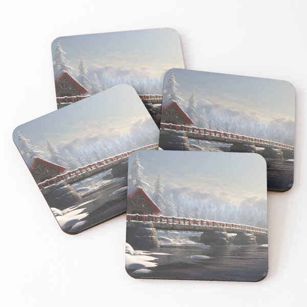 Item preview, A bridge over a river with a house and snow covered trees designed and sold by johndesign88.