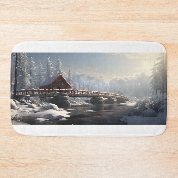 Item preview, A bridge over a river with a house and snow covered trees designed and sold by johndesign88.