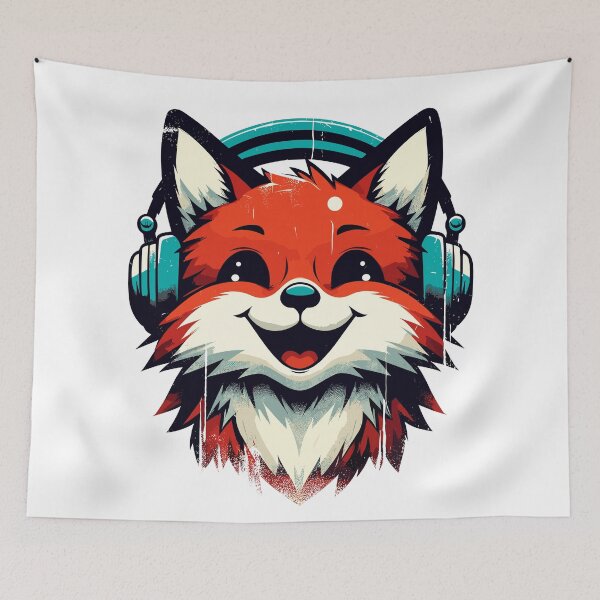 Item preview, Funny Smiling musical fox wearing headphones designed and sold by TomFrontierArt.