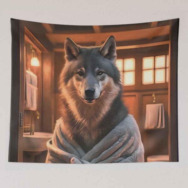 Item preview, A wolf wrapped in a towel is standing in the bathhouse designed and sold by MalakShams.