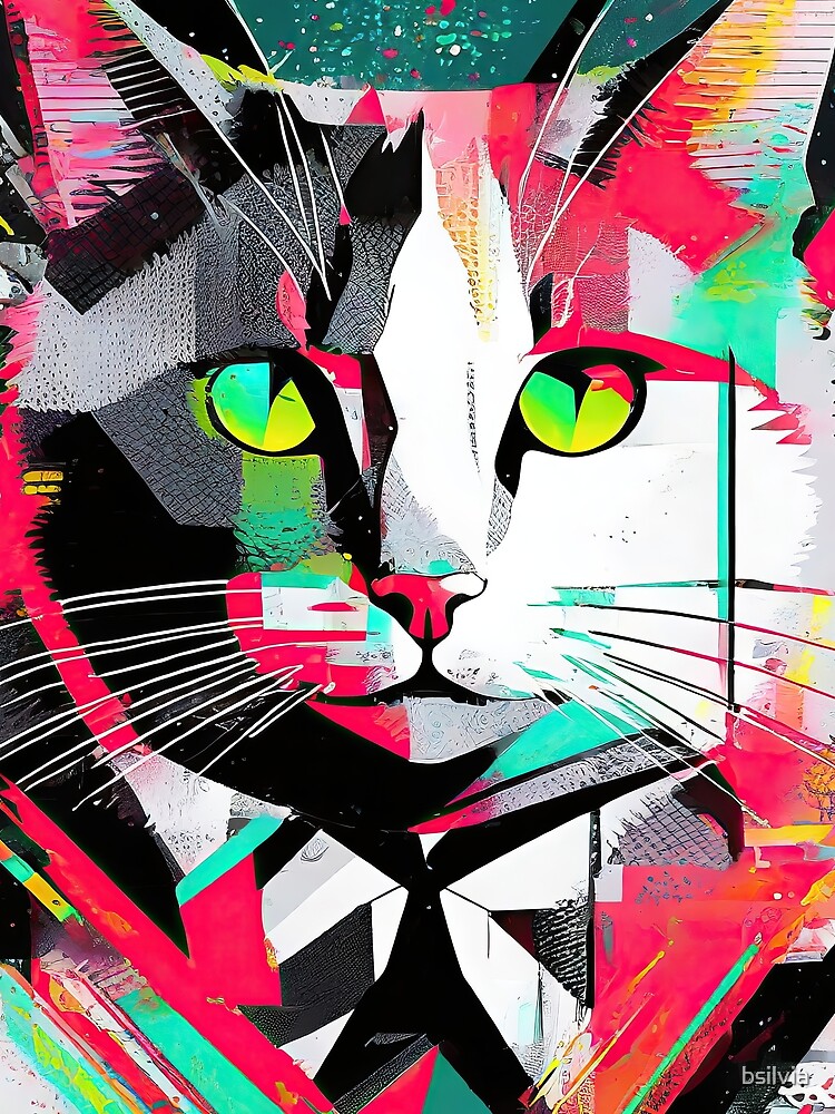 Thumbnail 3 of 3, Scarf, Neon Mosaic Cat - Splintered Spectrum Feline Art designed and sold by bsilvia.