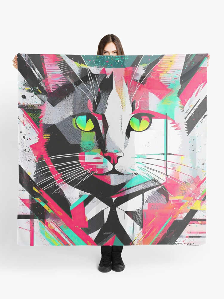Thumbnail 1 of 3, Scarf, Neon Mosaic Cat - Splintered Spectrum Feline Art designed and sold by bsilvia.