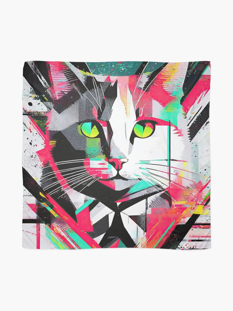 Thumbnail 2 of 3, Scarf, Neon Mosaic Cat - Splintered Spectrum Feline Art designed and sold by bsilvia.