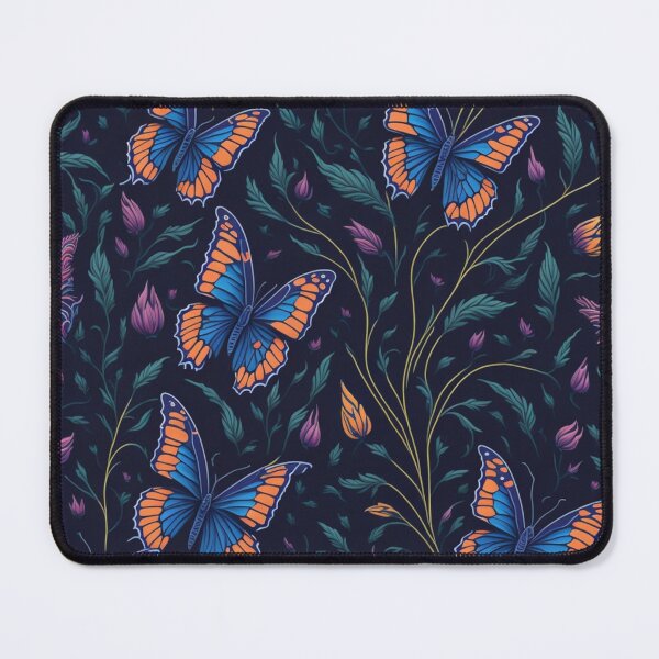 Item preview, blue butterflies with flower buds and greenery on black designed and sold by gwiggington.