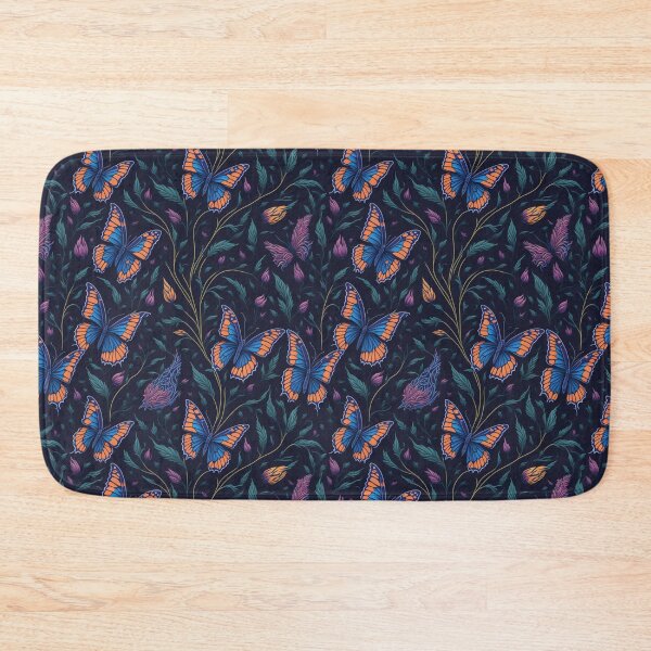 Item preview, blue butterflies with flower buds and greenery on black designed and sold by gwiggington.
