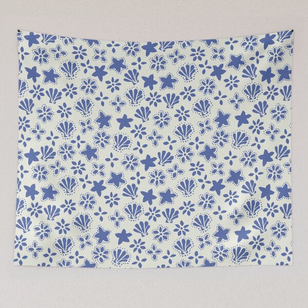 Item preview, BOHO SEASHELLS AND STARFISH COCONUT GIRL OCEAN BLUE ON CREAM designed and sold by blomastudios.