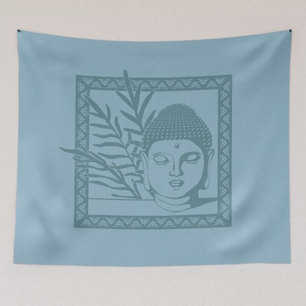 Item preview, Buddha Head Statue with Palm Fronds - Sky + Peacock designed and sold by Irene Estelle.