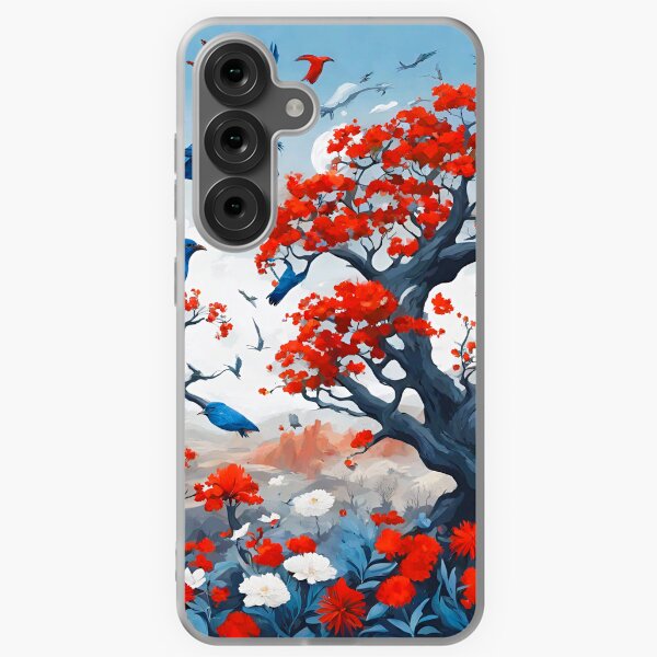 Item preview, Comic book landscape, trees, white and blue flowers, plants, trees, red flowers, birds designed and sold by janjacbu.