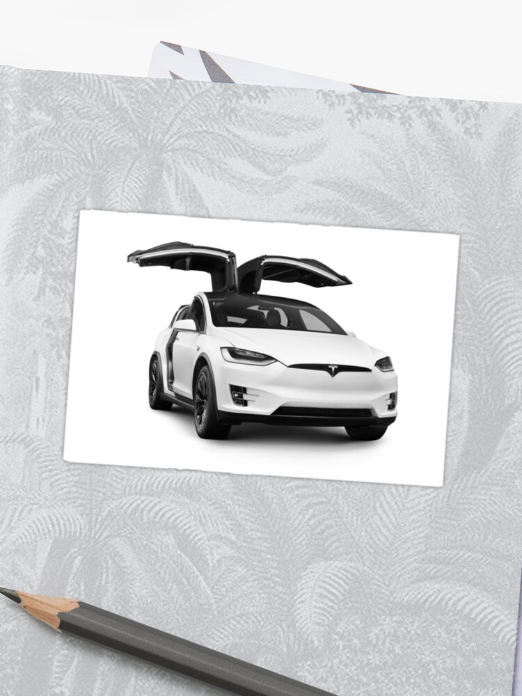 White Tesla X Luxury Suv Electric Car With Open Falcon Wing Doors Art Photo Print Sticker By Awenartprints