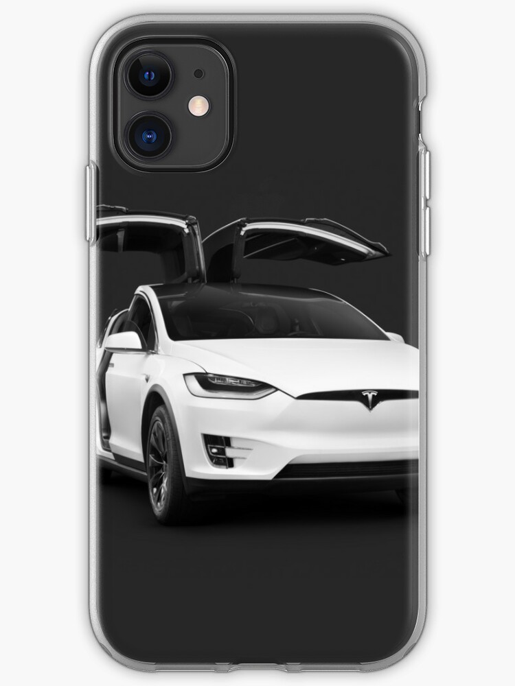 White Tesla X Luxury Suv Electric Car With Open Falcon Wing Doors On Black Art Photo Print Iphone Case By Awenartprints