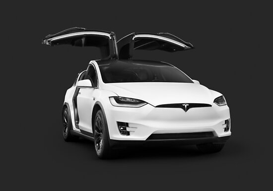 White Tesla X Luxury Suv Electric Car With Open Falcon Wing Doors On Black Art Photo Print Poster By Awenartprints