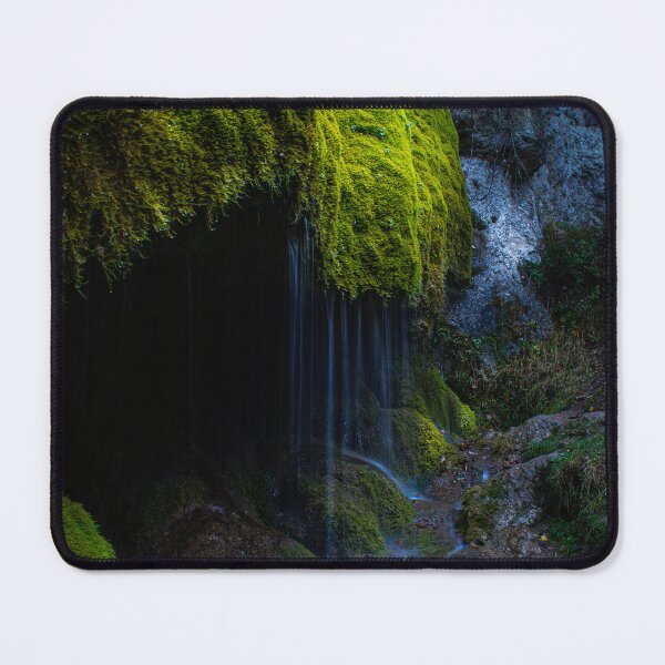 Item preview, Moss-covered waterfall in the forest - Calming photo print for nature lovers Dreimühlen designed and sold by TRex-Landscapes.