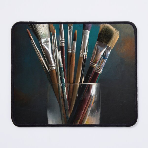 Item preview, various painting brushes in a glass on a rustic background, AI generated designed and sold by Jürgen Wiesler.
