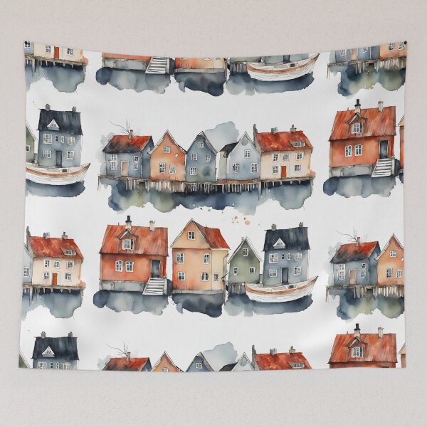 Item preview, Houses on the water in watercolor and ink. designed and sold by kreativeadern.