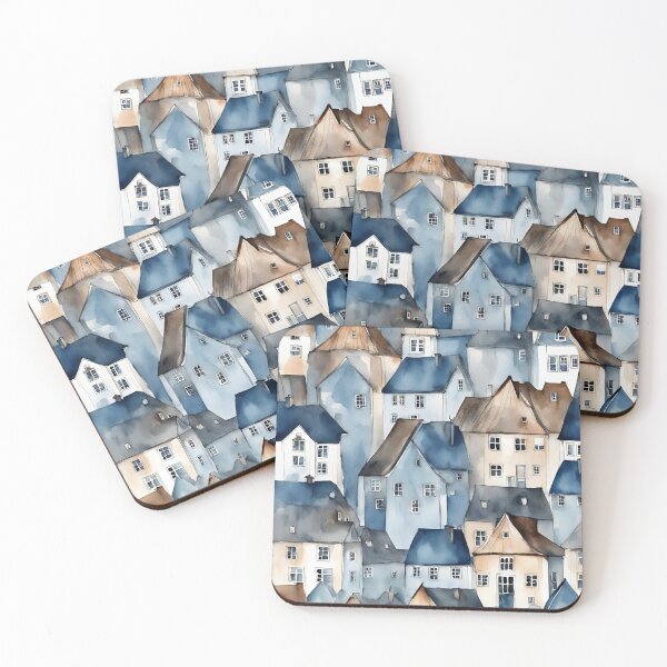 Item preview, Pretty village in blue tones in watercolor and ink. designed and sold by kreativeadern.