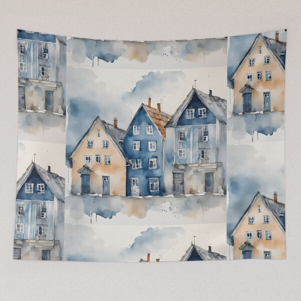 Item preview, Row of houses in blue tones in watercolor and ink. designed and sold by kreativeadern.