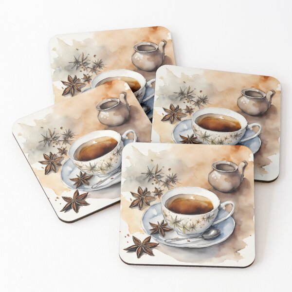 Item preview, Tea cup and milk jug with aniseed in natural tones in watercolor designed and sold by kreativeadern.