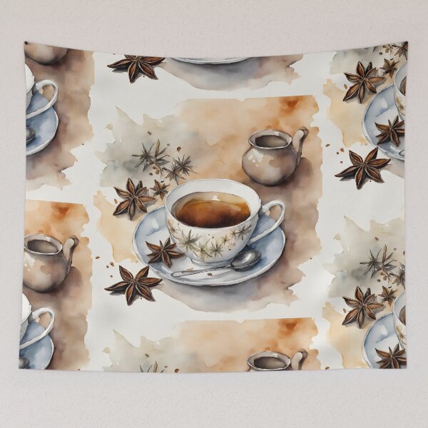 Item preview, Tea cup and milk jug with aniseed in natural tones in watercolor designed and sold by kreativeadern.