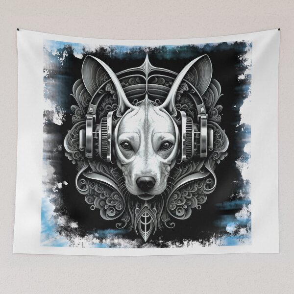 Item preview, Dog. Dog DJ. Cyberpunk. Monochrome colors. Black and white. Dog with headphones. designed and sold by MagelliShop.