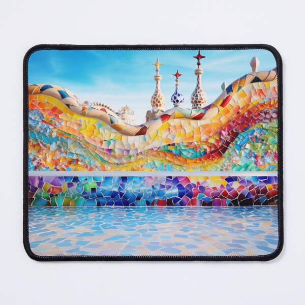 Artikelvorschau, Regenbogen-Gaudi-Barcelona-Mosaik. Buntes Barcelona-Mosaik. Gaudi-Trencadis-Mosaik. Park Güell. Ein von Gaudi Barcelona inspiriertes Park-Guell-Mosaik entworfen und verkauft von LolioGifts.