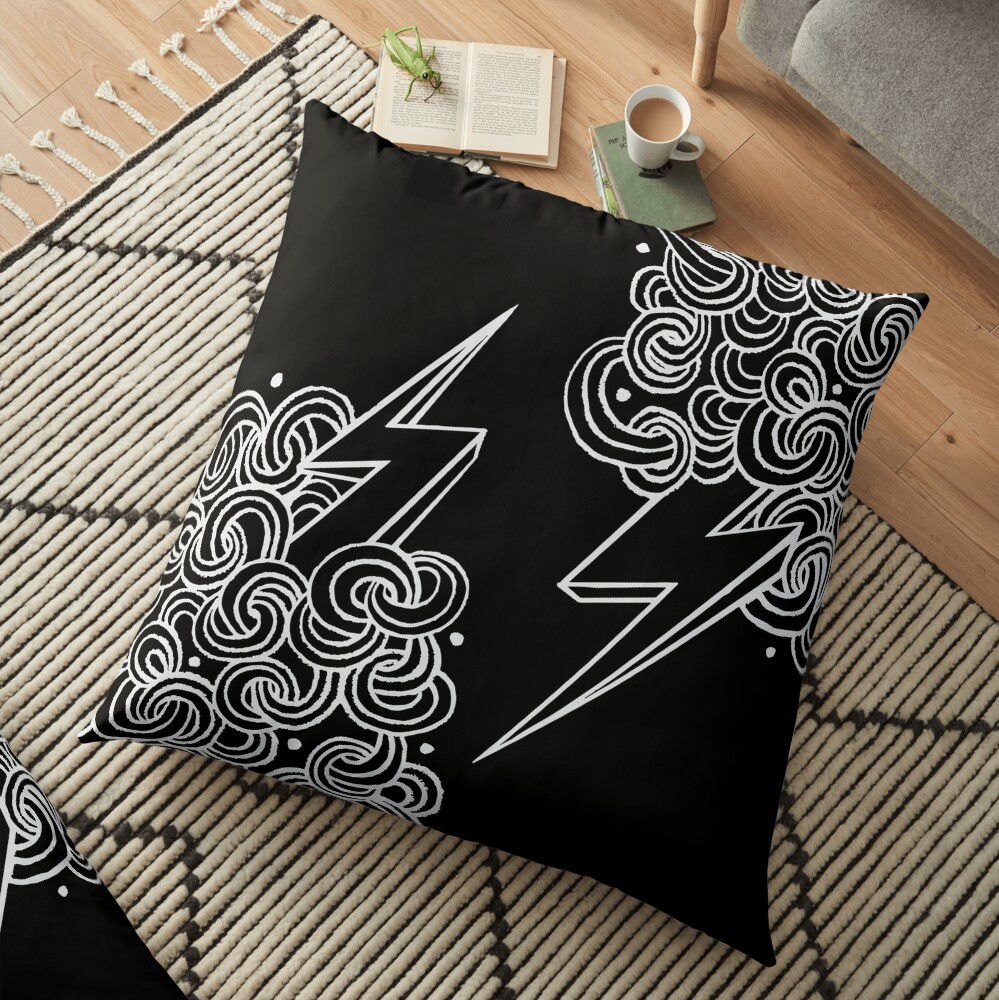 Ride The Lightning - White on Black Floor Pillow