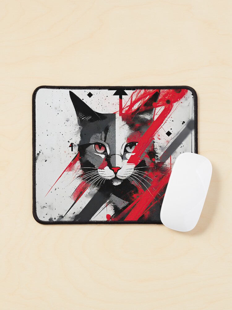 Thumbnail 1 of 5, Mouse Pad, Anarchic Feline Gaze - Abstract Cat and Anarchy Fusion Art designed and sold by bsilvia.