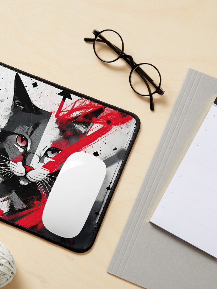 Thumbnail 3 of 5, Mouse Pad, Anarchic Feline Gaze - Abstract Cat and Anarchy Fusion Art designed and sold by bsilvia.