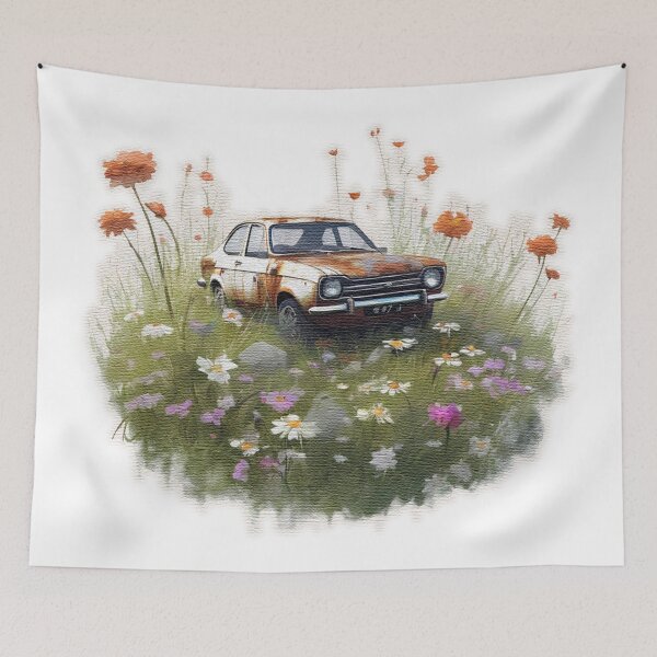 Item preview, A rusty old Car in a field of flowers designed and sold by jnsmerchstore.