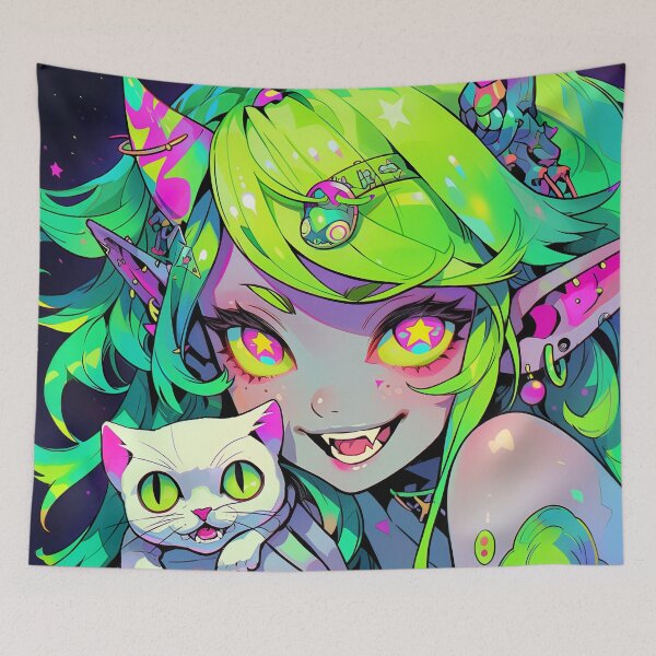 Item preview, Vibrant Electric Neon Cyber Kitty Anime Girl designed and sold by bubblegoth.