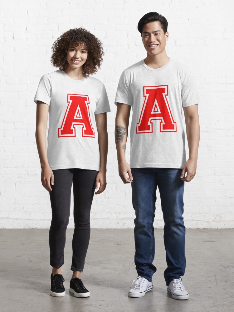red shirt with white letters