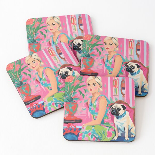 Item preview, Girl and fawn pug in preppy interior designed and sold by SophieClimaArt.