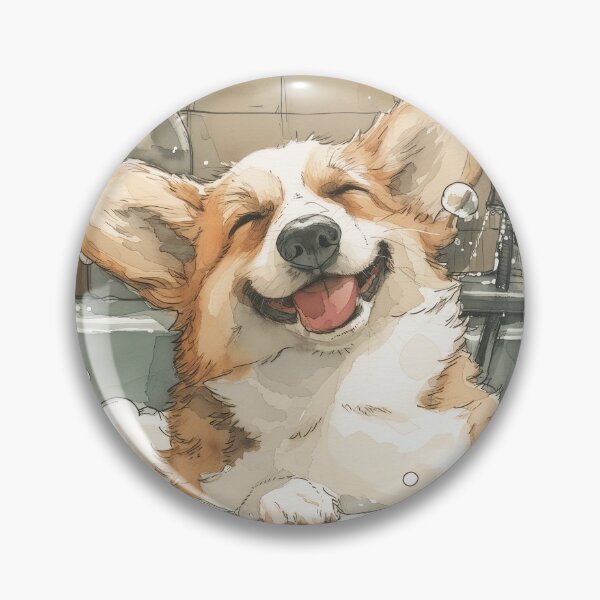 Artikelvorschau, Fröhlicher Corgi, der ein Bad nimmt, Kissen in Aquarell entworfen und verkauft von Daydreamsatdawn.