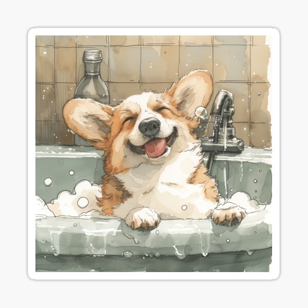Item preview, Happy corgi taking a bath throw pillow in watercolor designed and sold by Daydreamsatdawn.