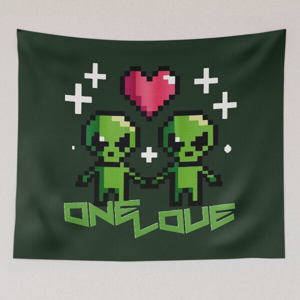 Item preview, One Love- Little Green Pixelated Alien Love designed and sold by Sir Meow Meow.