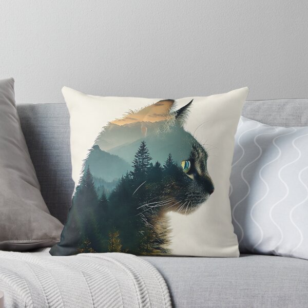 Item preview, Cat in double exposure of forest mountains silhouette  designed and sold by Cat loco.