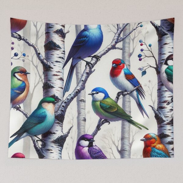 Item preview, Colorful Birds In Birch Trees Art designed and sold by mymagicstoreus.