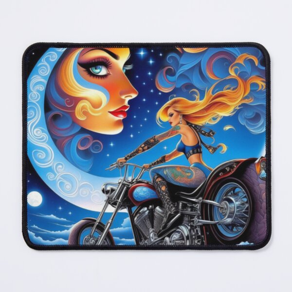 Artikelvorschau, Trippy Crescent Moon Chopper Biker Lady entworfen und verkauft von TheDarkWardrobe.